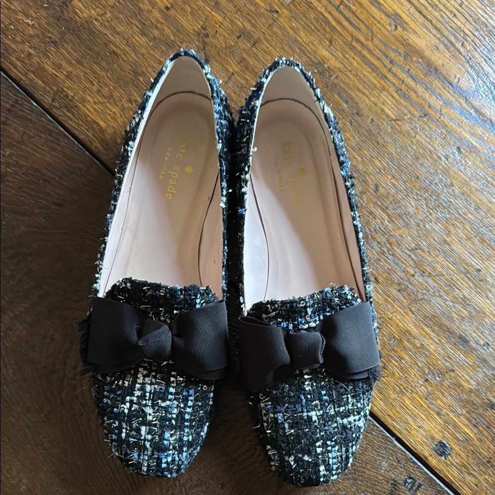 Kate Spade blue/Black “Gino” Tweed tuxedo Bow Flats